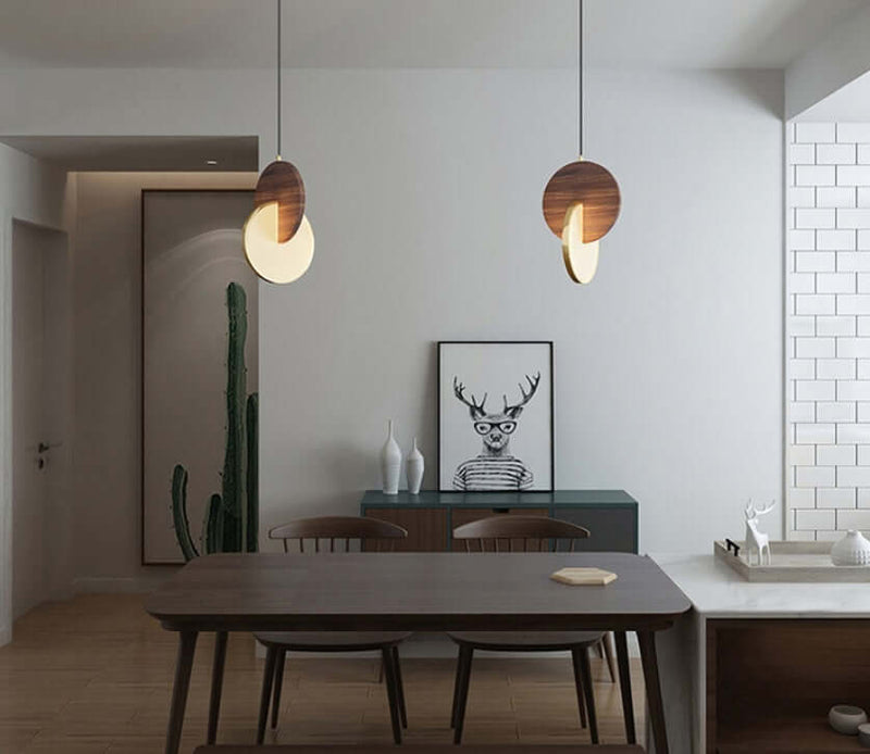 Modern walnut solid wood chandelier in a stylish dining area, enhancing the atmosphere with warm light.