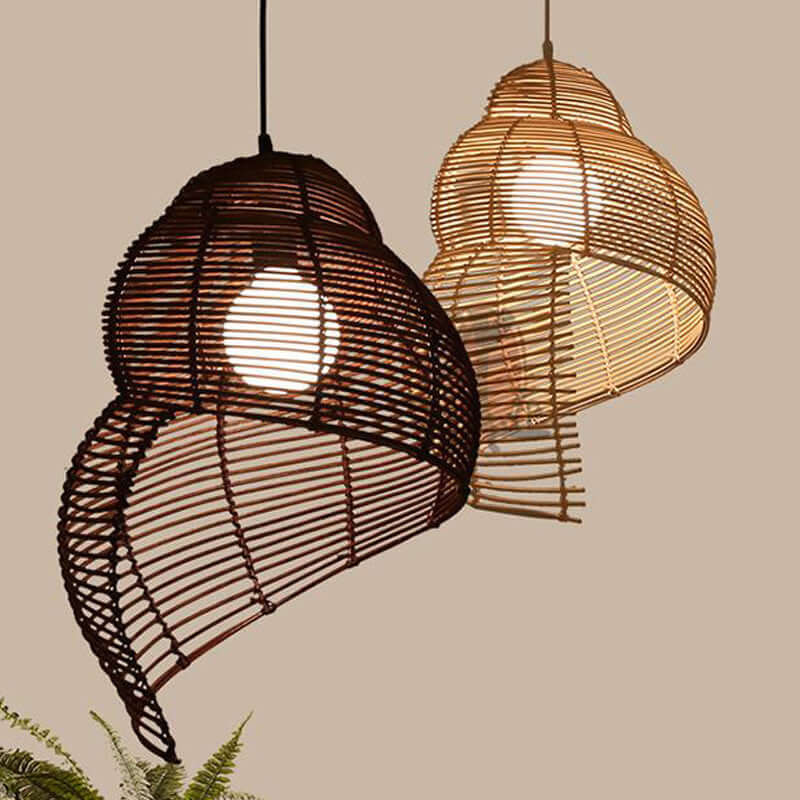 NEW Snail Rattan Pendant Light in dark and light colors, perfect for Asian vintage decor and reading rooms.