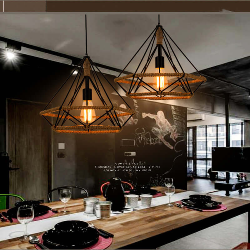 Rustic twine lamp featuring industrial-style retro chandeliers in a modern dining setting.