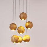 Nordic wood ball chandelier with seven hanging lights perfect for living and dining room decor.