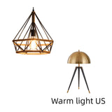 Rustic twine lamp and modern gold table lamp with warm light, suitable for industrial and retro decor.