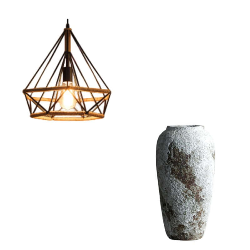 Rustic twine lamp chandelier paired with a vintage-style stone vase, ideal for home decor.