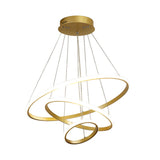 Stylish gold chandelier with three interlocking rings, perfect for living and dining rooms, showcasing a modern design.