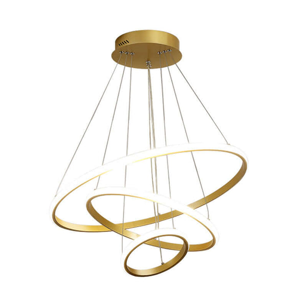 Stylish gold chandelier with three interlocking rings, perfect for living and dining rooms, showcasing a modern design.